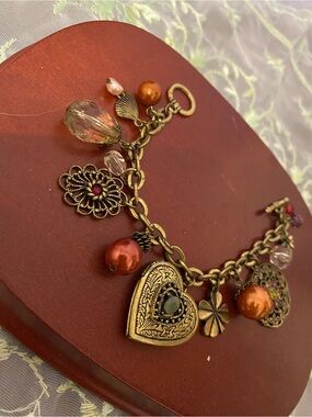 Victorian Revival Brass Functioning Heart Locket Floral Filigree Charm Bracelet